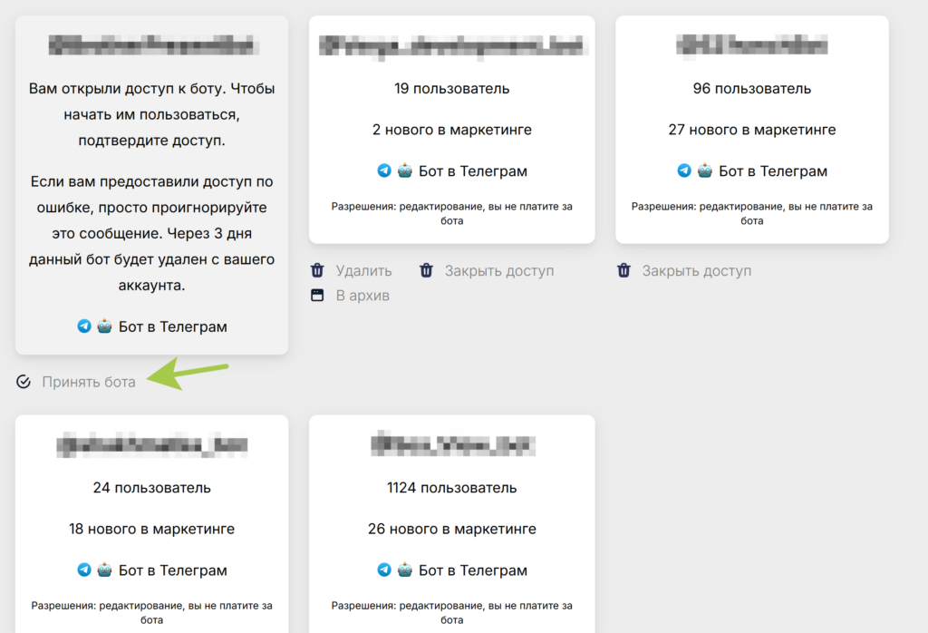Как предоставить доступ к боту Телеграм и какие есть доступы в сервисе Botbrother